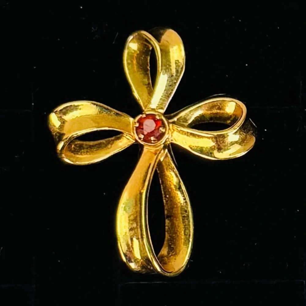 Vintage Goldtone Cross Pendant with Red Center Accent